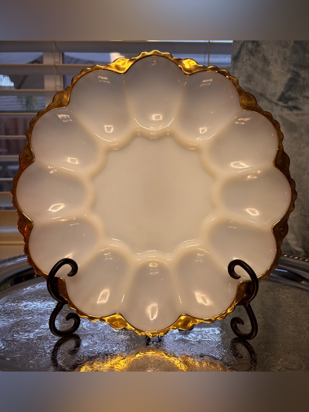 Vintage Anchor Hocking Fire-King Milk Glass Deviled Egg Plate Gold Trim 10”